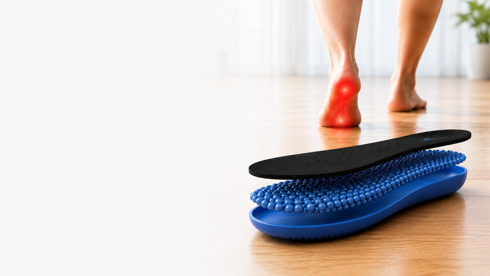 Bare feet with a highlighted heel pain area beside an InsoleBuddy orthotic insole