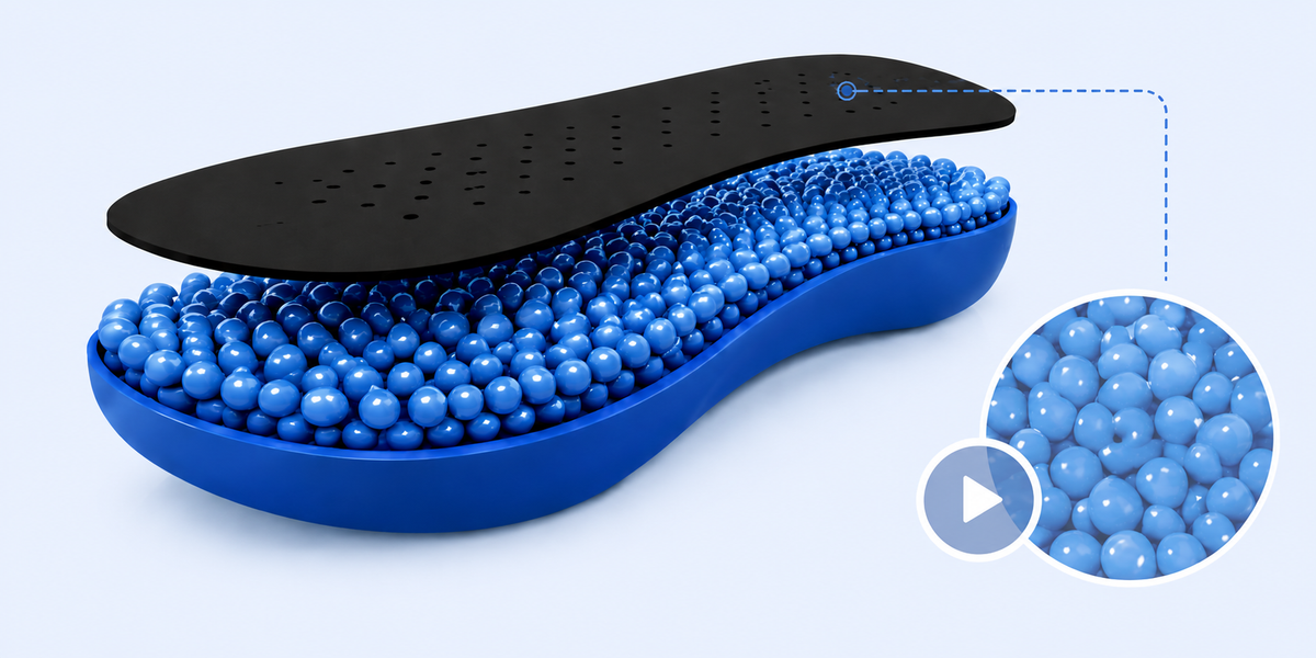 Cutaway view of an InsoleBuddy insole showing the air-encapsulated micro bead core